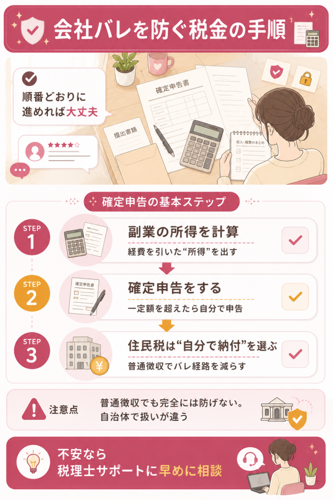 副業の確定申告と会社バレ対策の流れ図