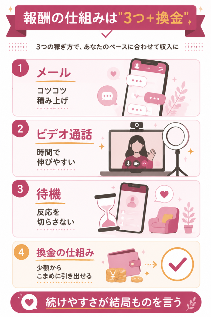ciaoの3つの稼ぎ方と換金の仕組みの図