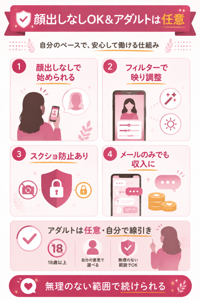 顔出しなしとアダルト任意の働き方を示す図