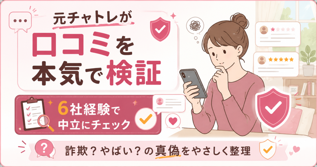 口コミを確認し検討する女性と安心を表す盾のイラスト