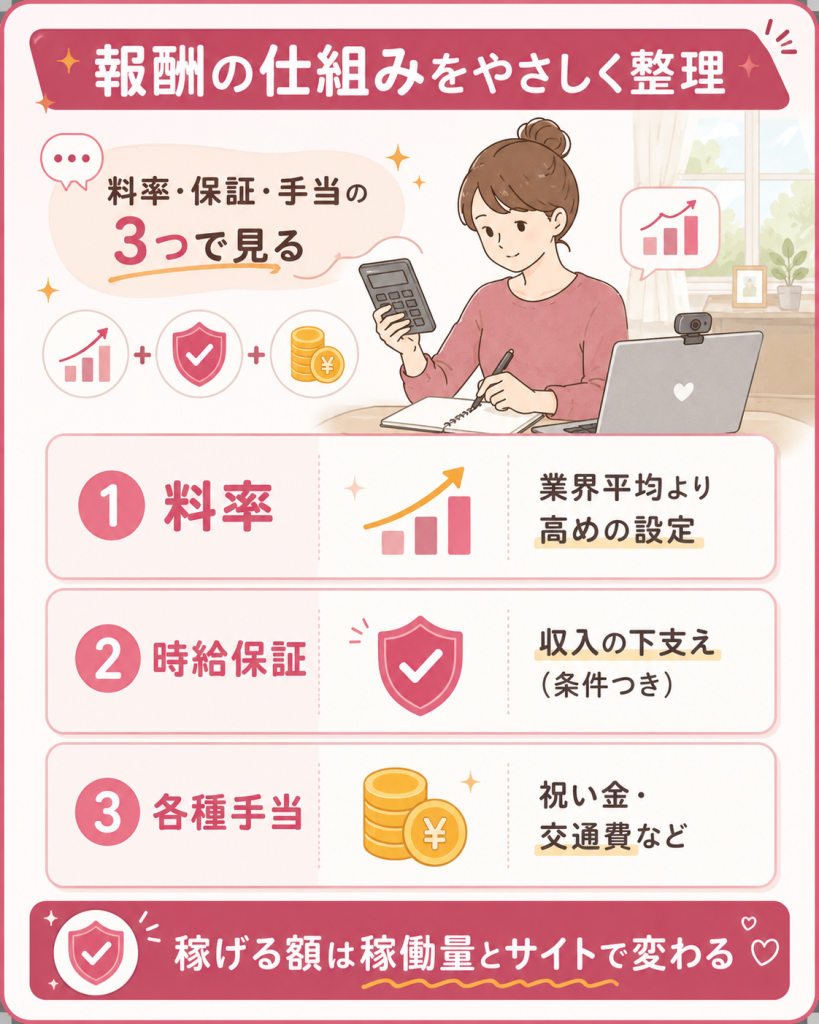 料率と時給保証など報酬の仕組みを整理した図