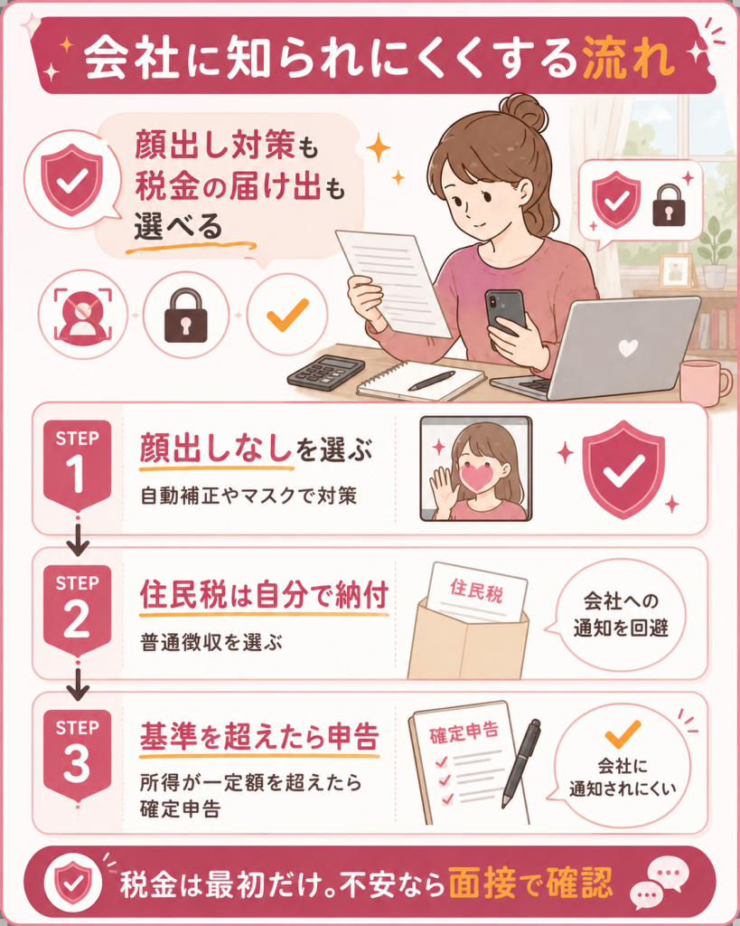 顔出し対策と住民税で会社に知られにくくする流れの図