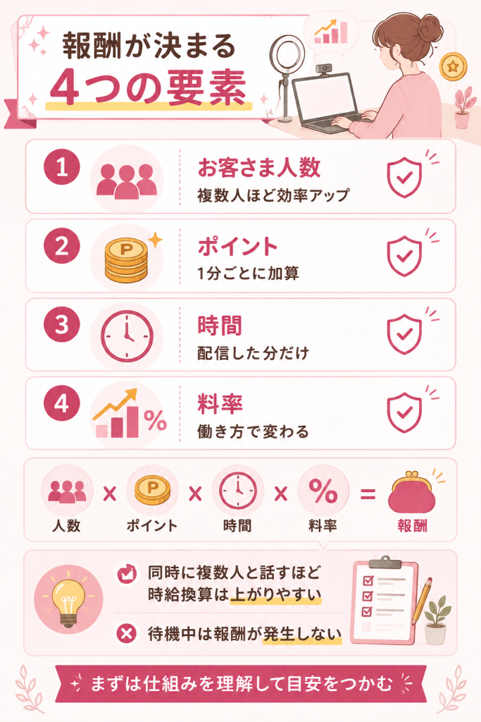 報酬が人数・ポイント・時間・料率で決まる仕組み図