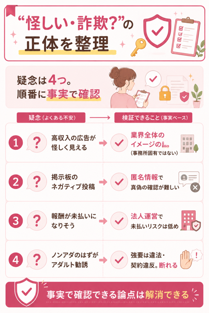 怪しい詐欺と言われる4つの疑念を検証した図