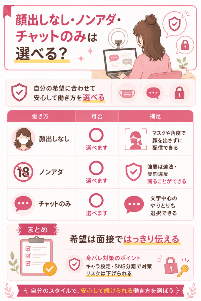 顔出しなしノンアダチャットのみの可否比較図