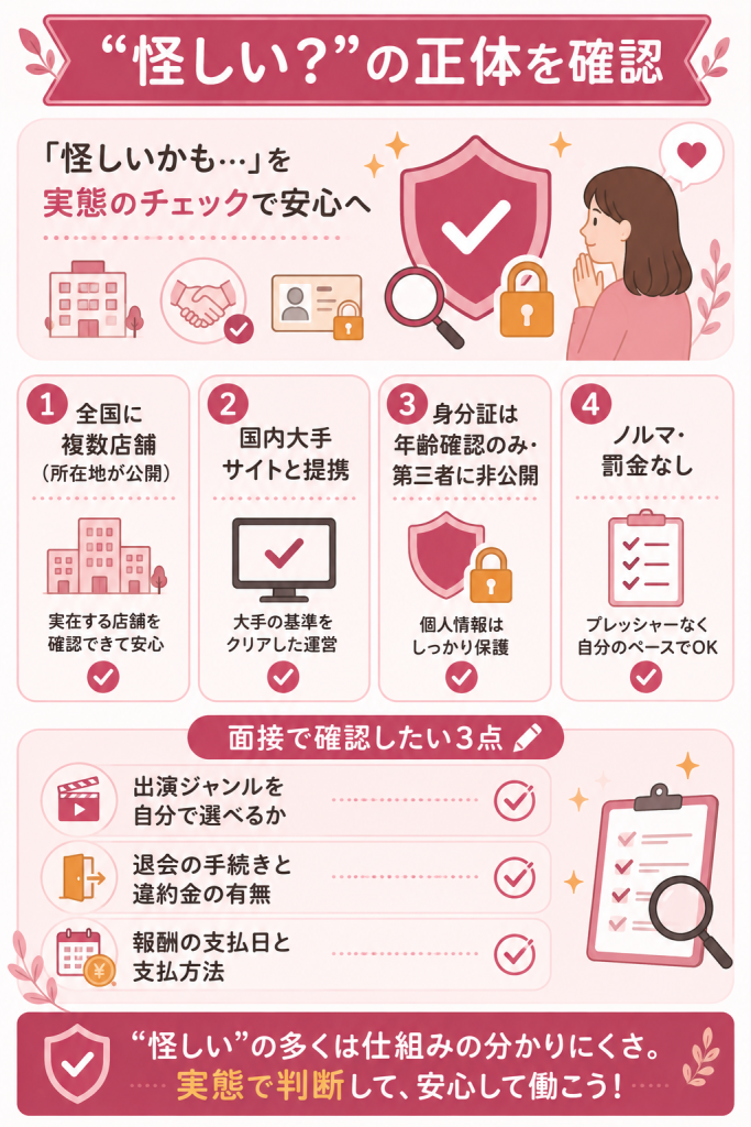 事務所の信頼性を判断する材料と面接確認点の図