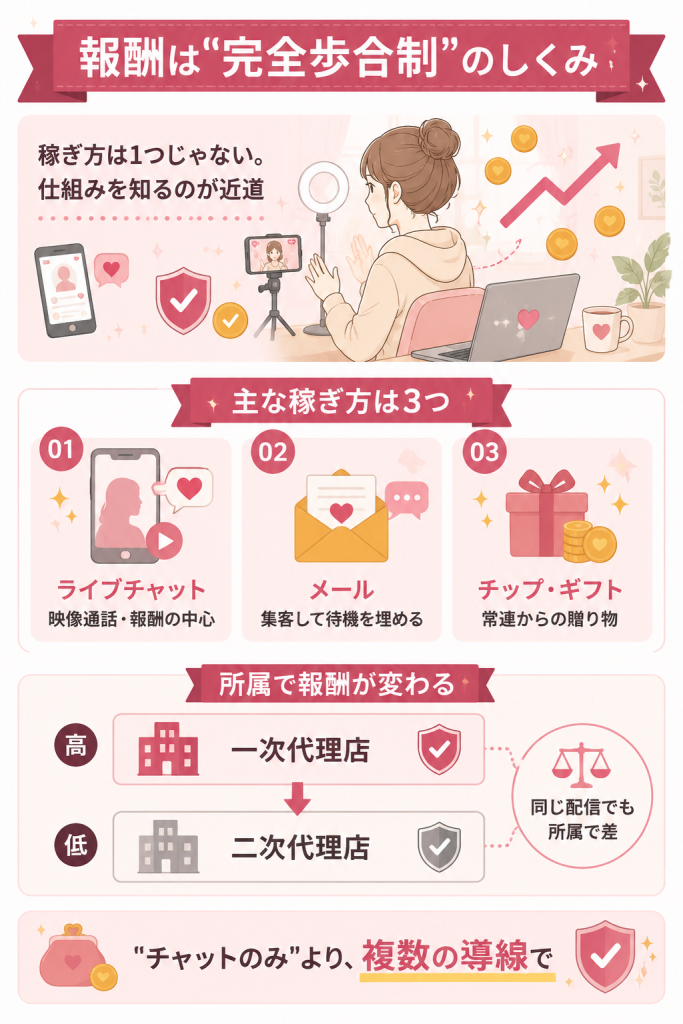 チャットレディ報酬の仕組みと稼ぎ方3種の図解