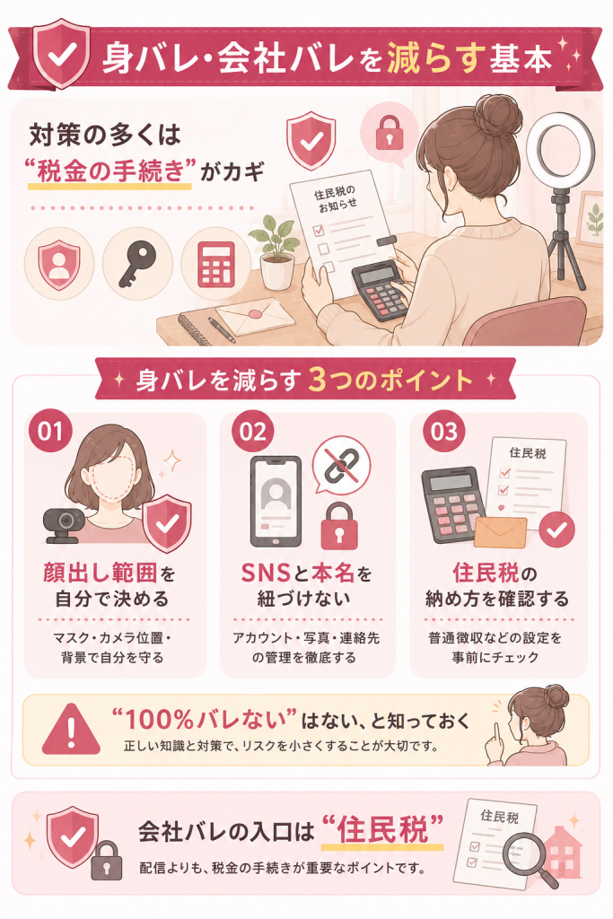 身バレ・会社バレ・税金対策の基本を整理した図