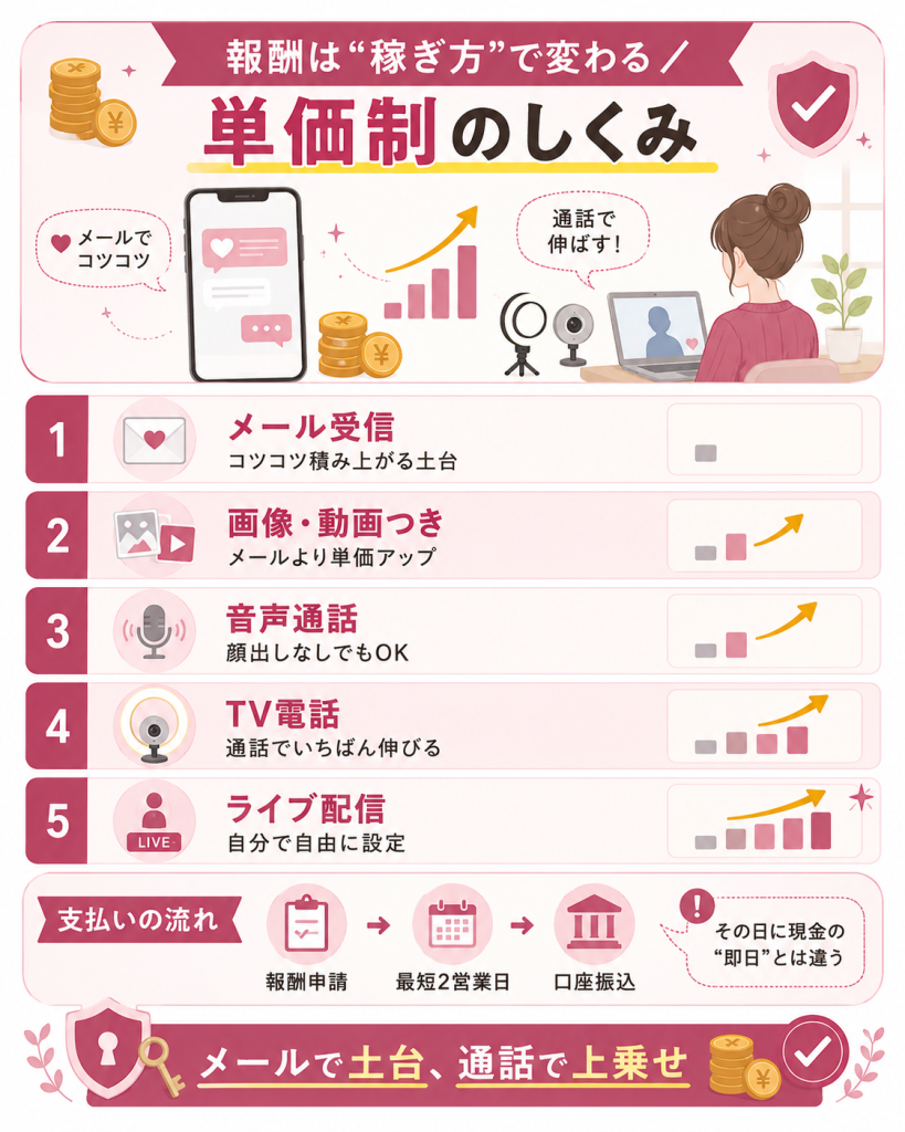 メールと通話の稼ぎ方と支払いの流れの解説図