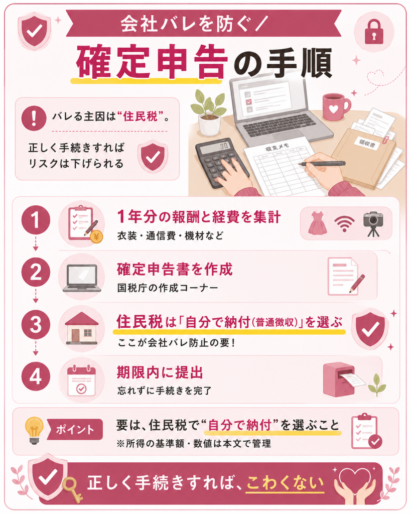 会社バレを防ぐ確定申告と普通徴収の手順図