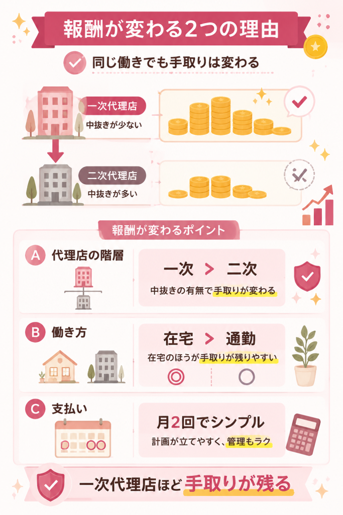 代理店の階層と働き方で報酬が変わる仕組みの図