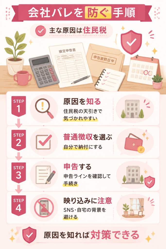 会社バレを防ぐ手順と身バレ対策をまとめた図