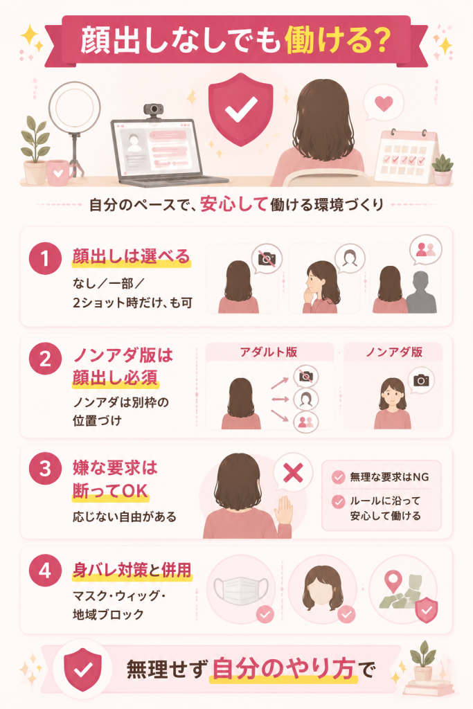 顔出しなしの働き方と注意点をまとめた図