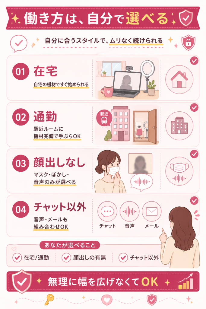 在宅と通勤・顔出しなしなど働き方の選択肢を示す図