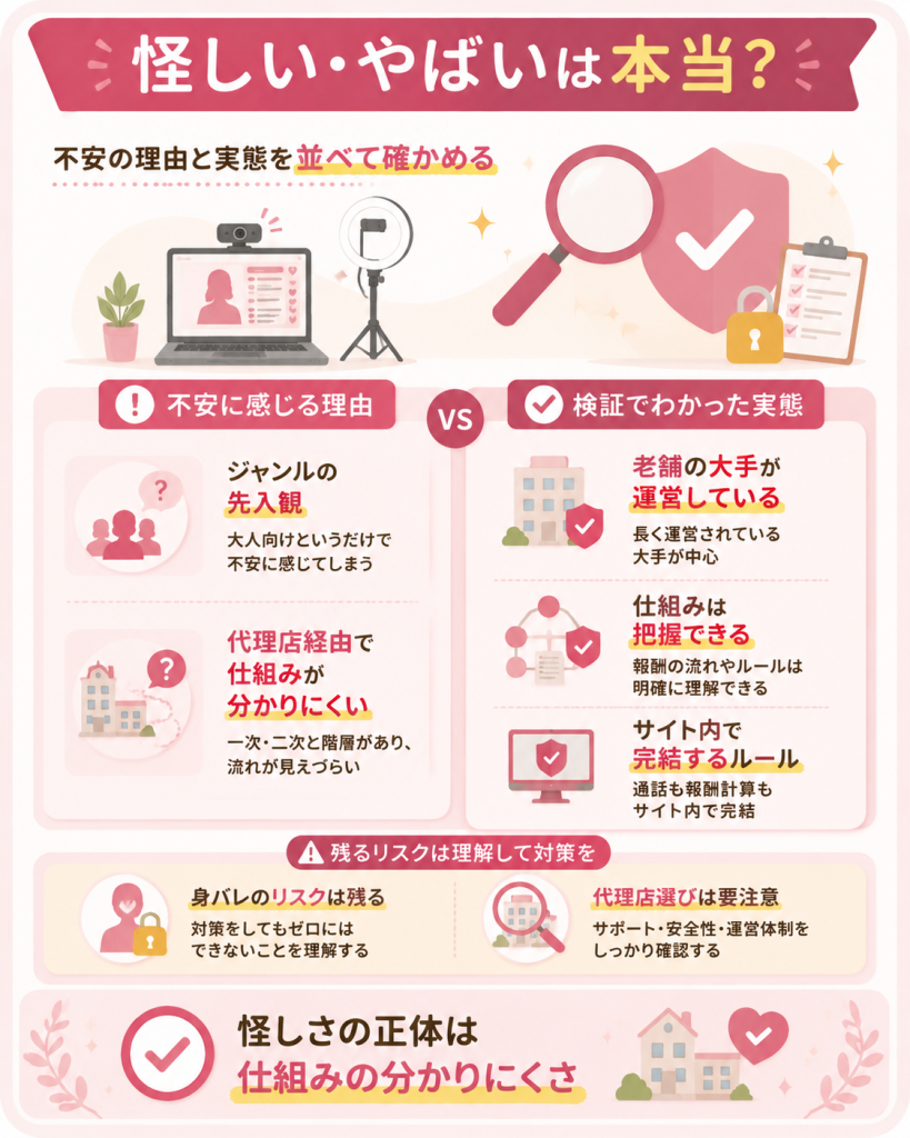 マダムライブが怪しいと言われる理由と実態の対比図