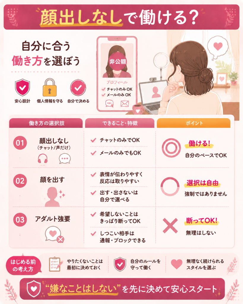顔出しなし・ノンアダで働けるかを整理した比較図