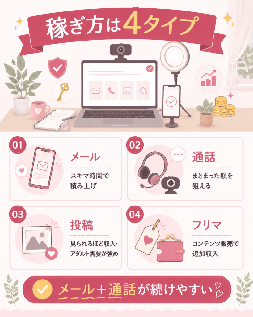 チャットレディの4つの稼ぎ方を整理した図