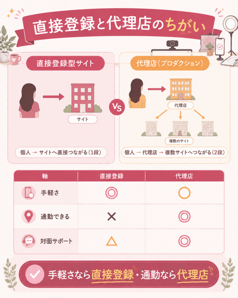 直接登録型サイトと代理店の働き方の比較図