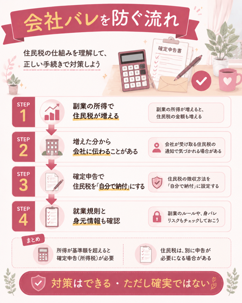 副業が会社にバレる仕組みと対策の流れ図